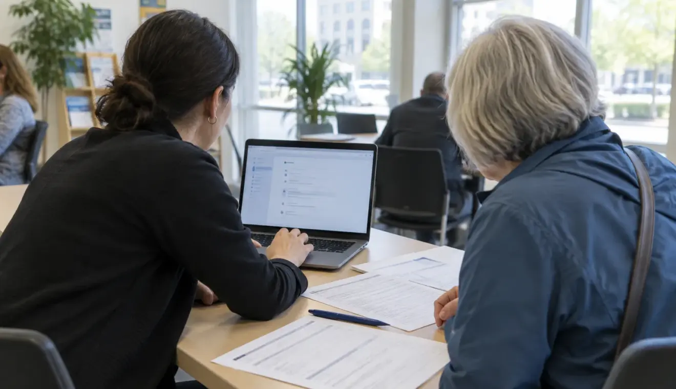Un ordinateur portable et des formulaires papier disposés sur une table lors d’un test de démarche en ligne.