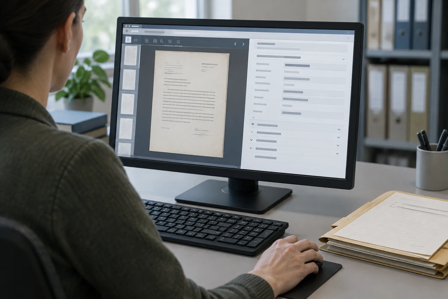 Un agent vérifie les informations associées à un document numérique sur un écran.