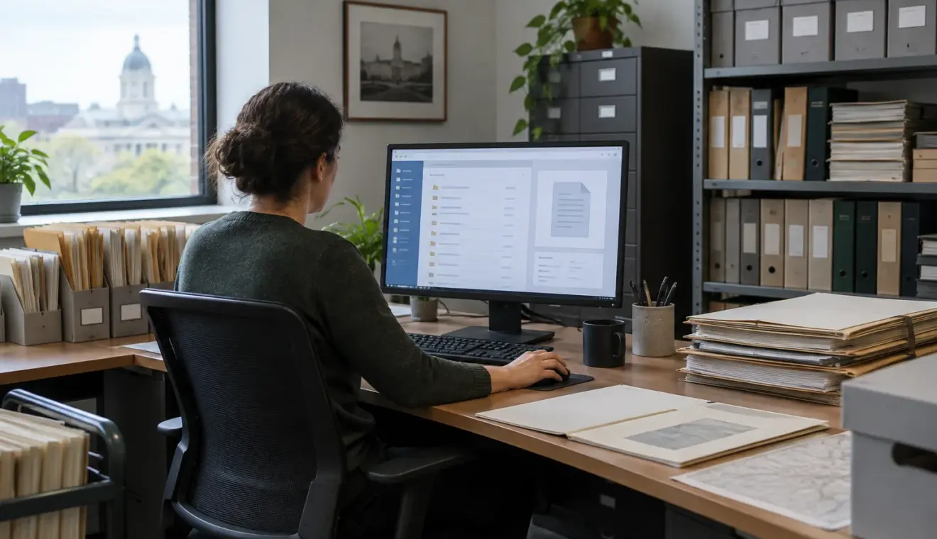 Un poste de travail consacré au classement et à la conservation de documents administratifs.