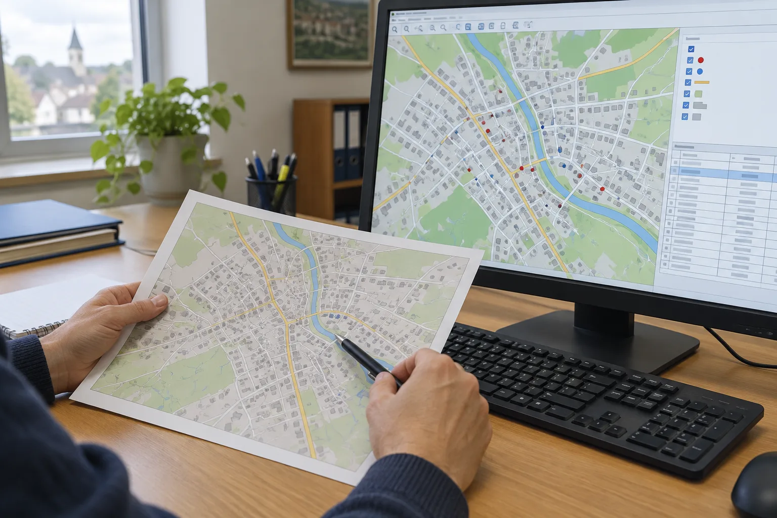 Des mains comparent une carte imprimée avec une carte géographique affichée sur un écran.