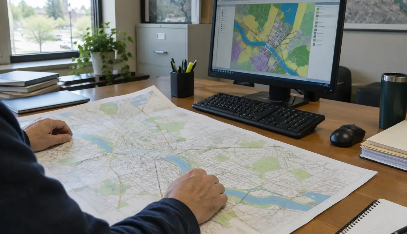 Une carte de rues consultée à côté d’un écran affichant des données géographiques.