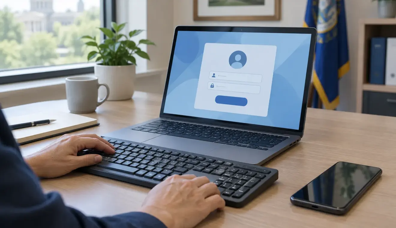 Un poste de travail avec un ordinateur, un clavier et un téléphone pour illustrer la connexion à un service public.