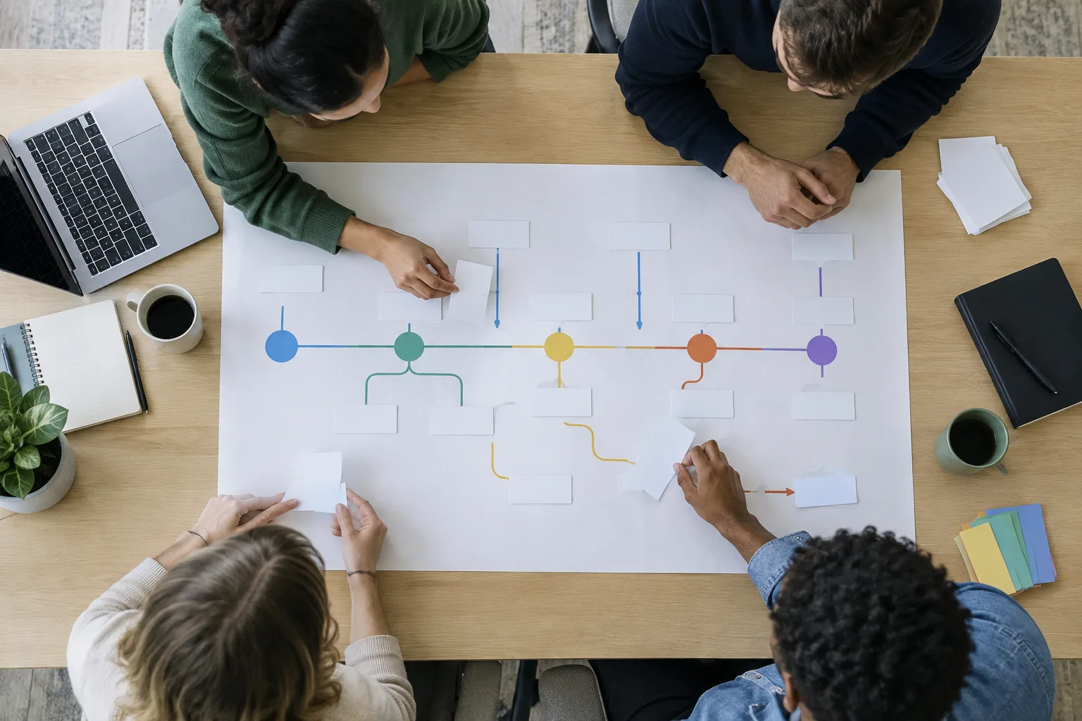 Des mains organisent sur une table les étapes d’un parcours de démarche en ligne.
