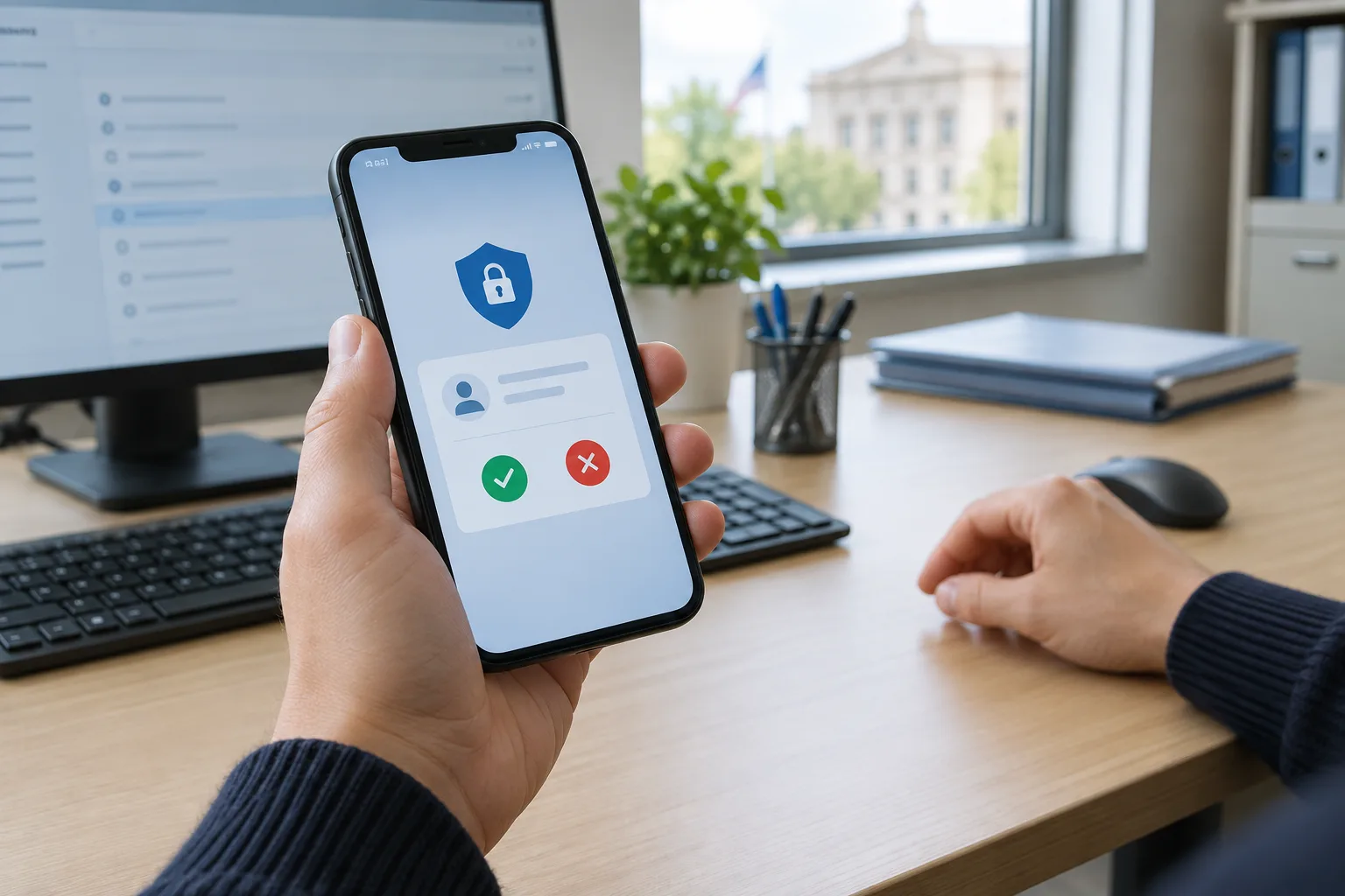 Une main tient un téléphone affichant une notification de connexion, sans la valider.