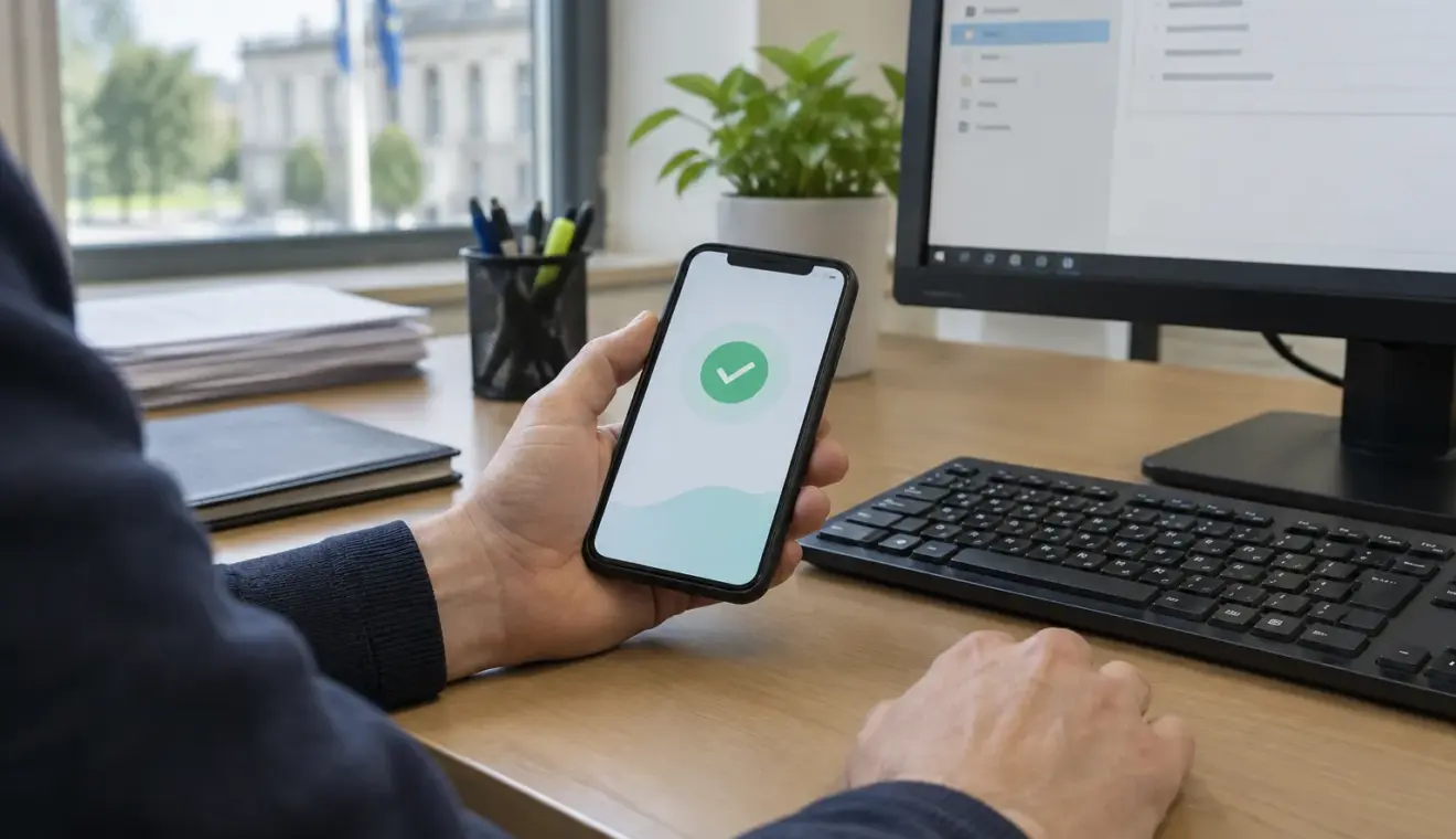 Un téléphone affichant une demande abstraite de validation près d’un poste informatique.