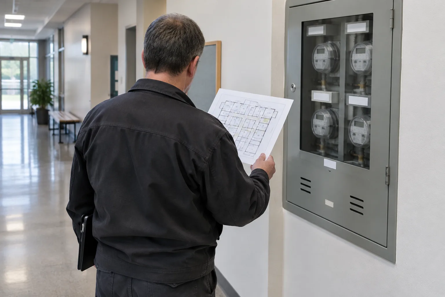 Un agent municipal examine un plan près des compteurs d’un bâtiment public.
