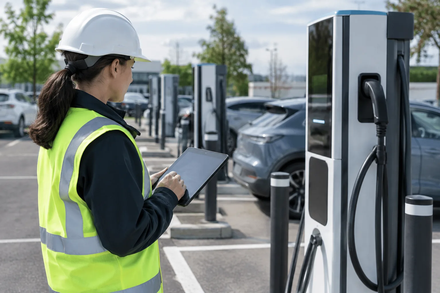 Un technicien vérifie une borne de recharge à l’aide d’une tablette.
