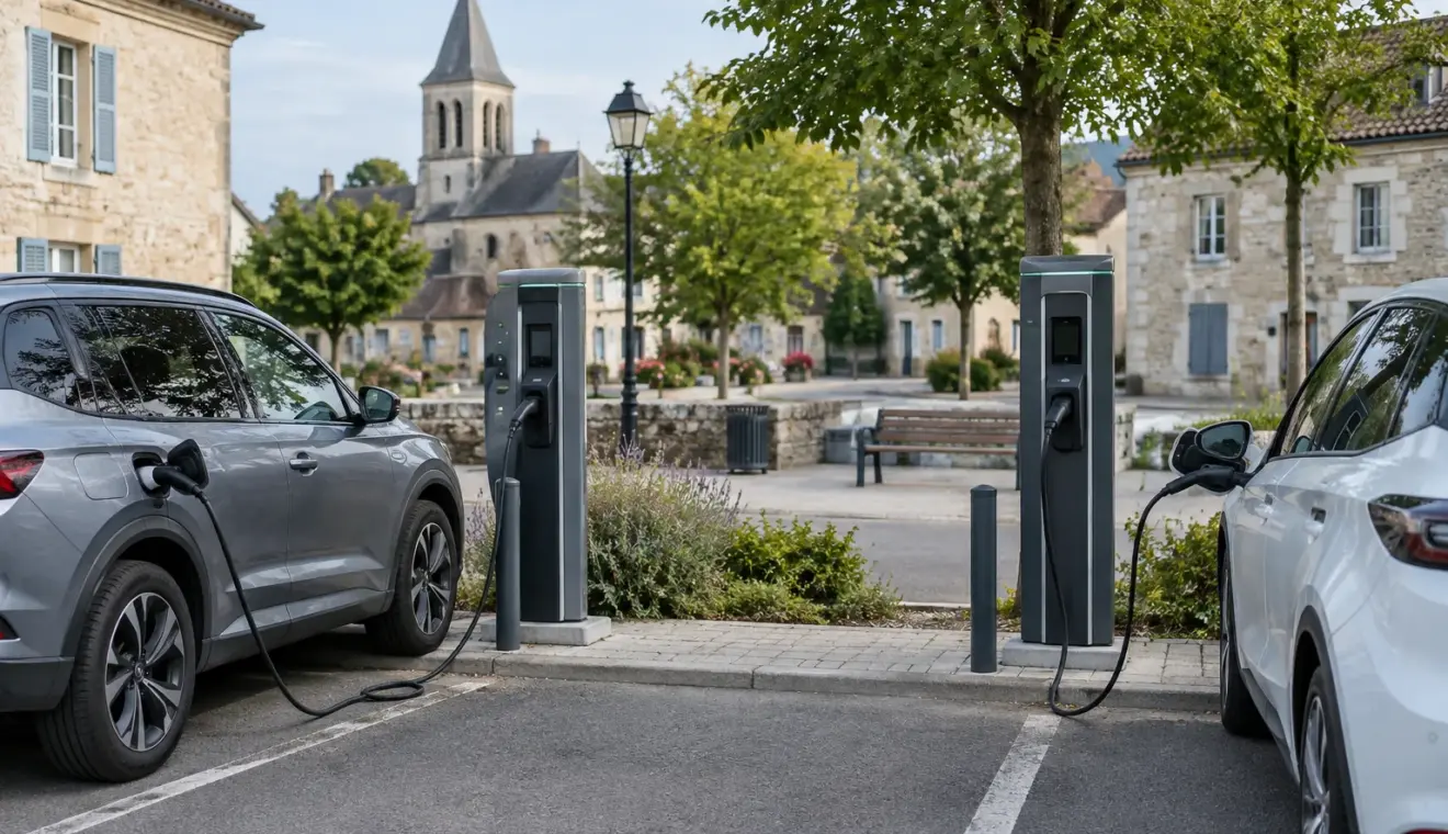 Deux bornes de recharge publiques installées sur une place urbaine.