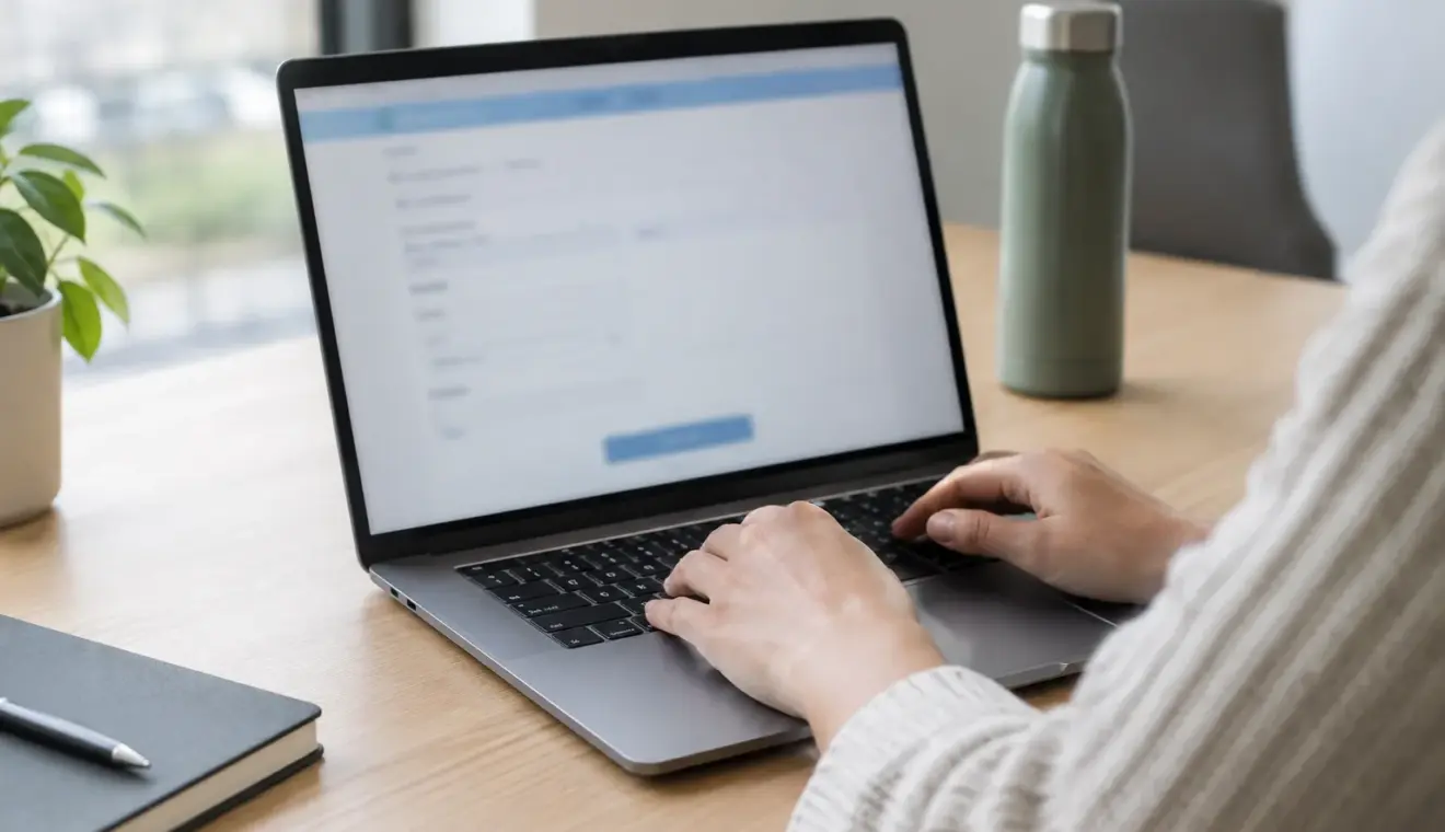 Une personne utilise un ordinateur portable pour remplir une démarche administrative en ligne.
