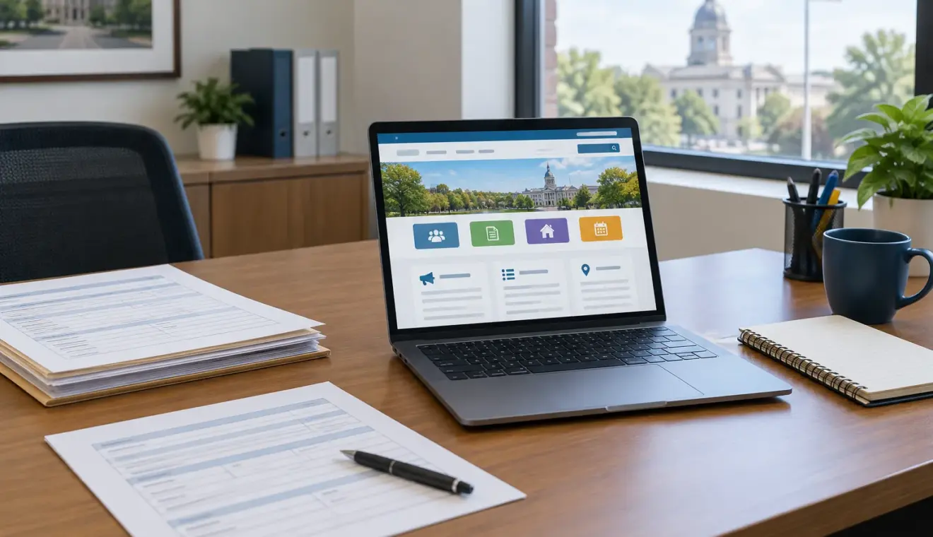 Ordinateur et documents de travail sur un bureau consacré au suivi des démarches municipales.