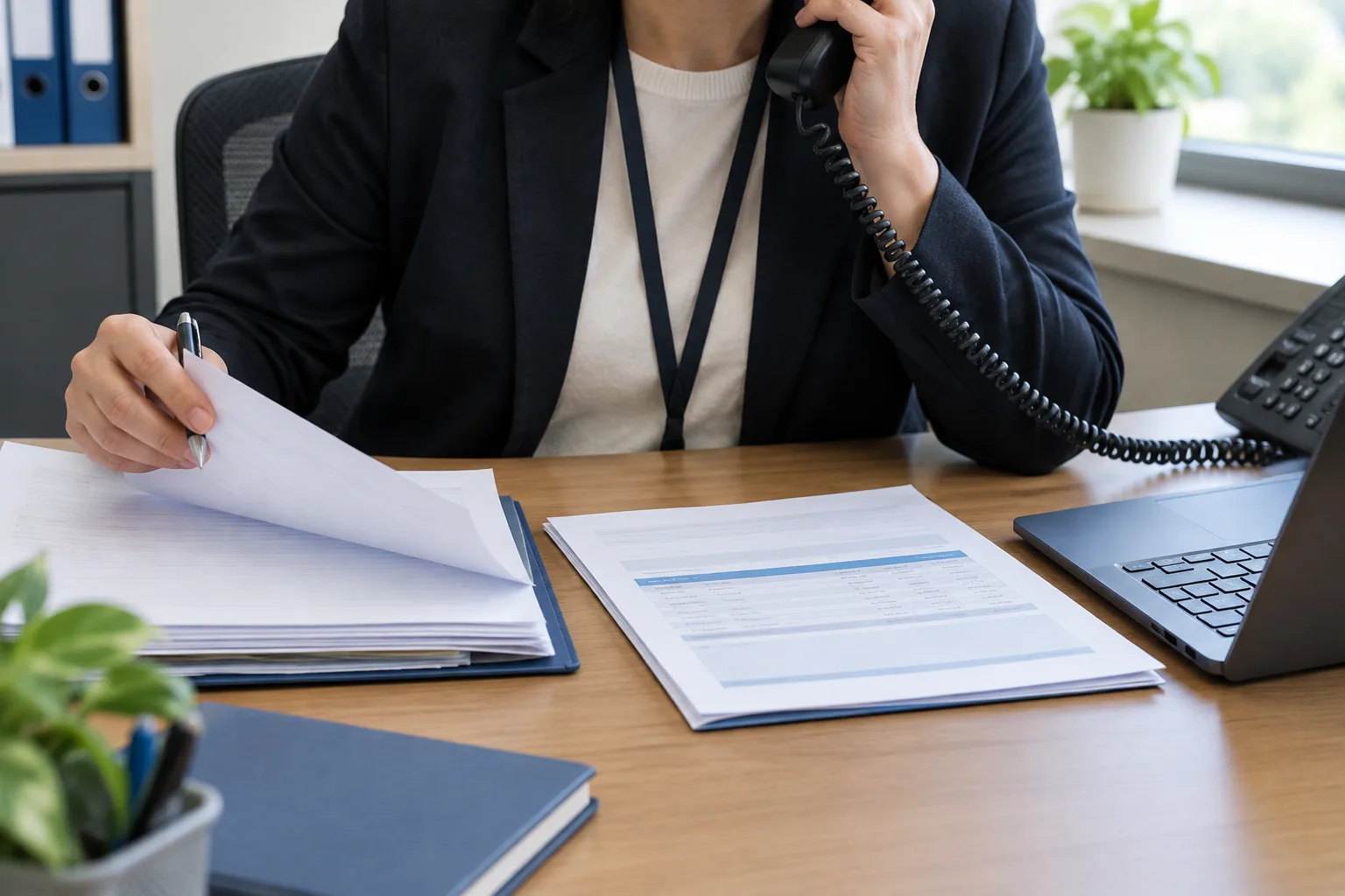 Un agent vérifie une demande de changement bancaire par téléphone, à partir d’un dossier fournisseur.