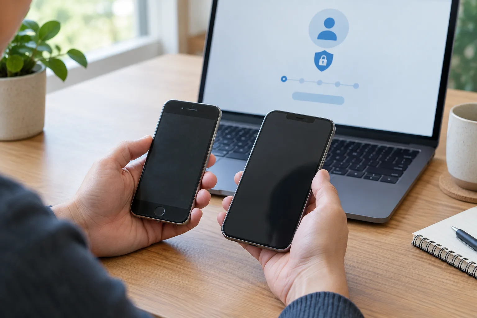 Deux téléphones, un ancien et un nouveau, sont posés près d’un ordinateur affichant une page de récupération générique.