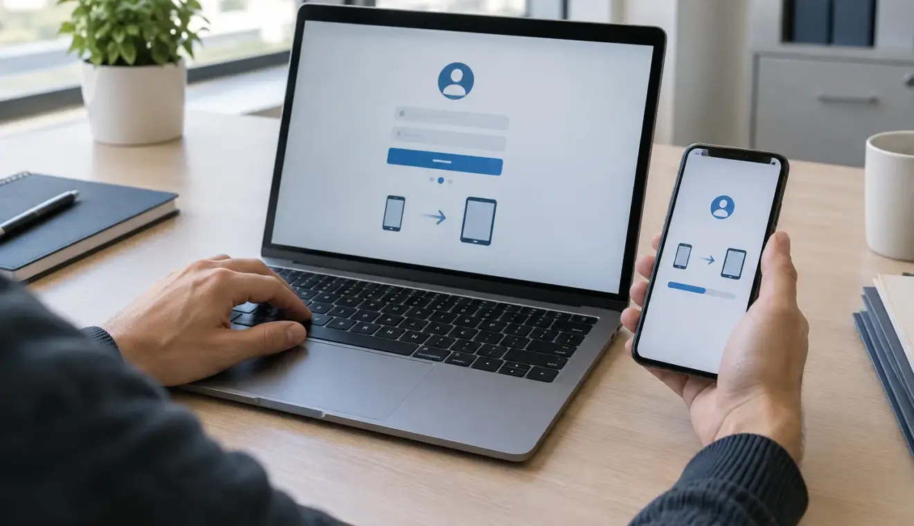 Un téléphone posé près d’un ordinateur ouvert sur une page de connexion générique.