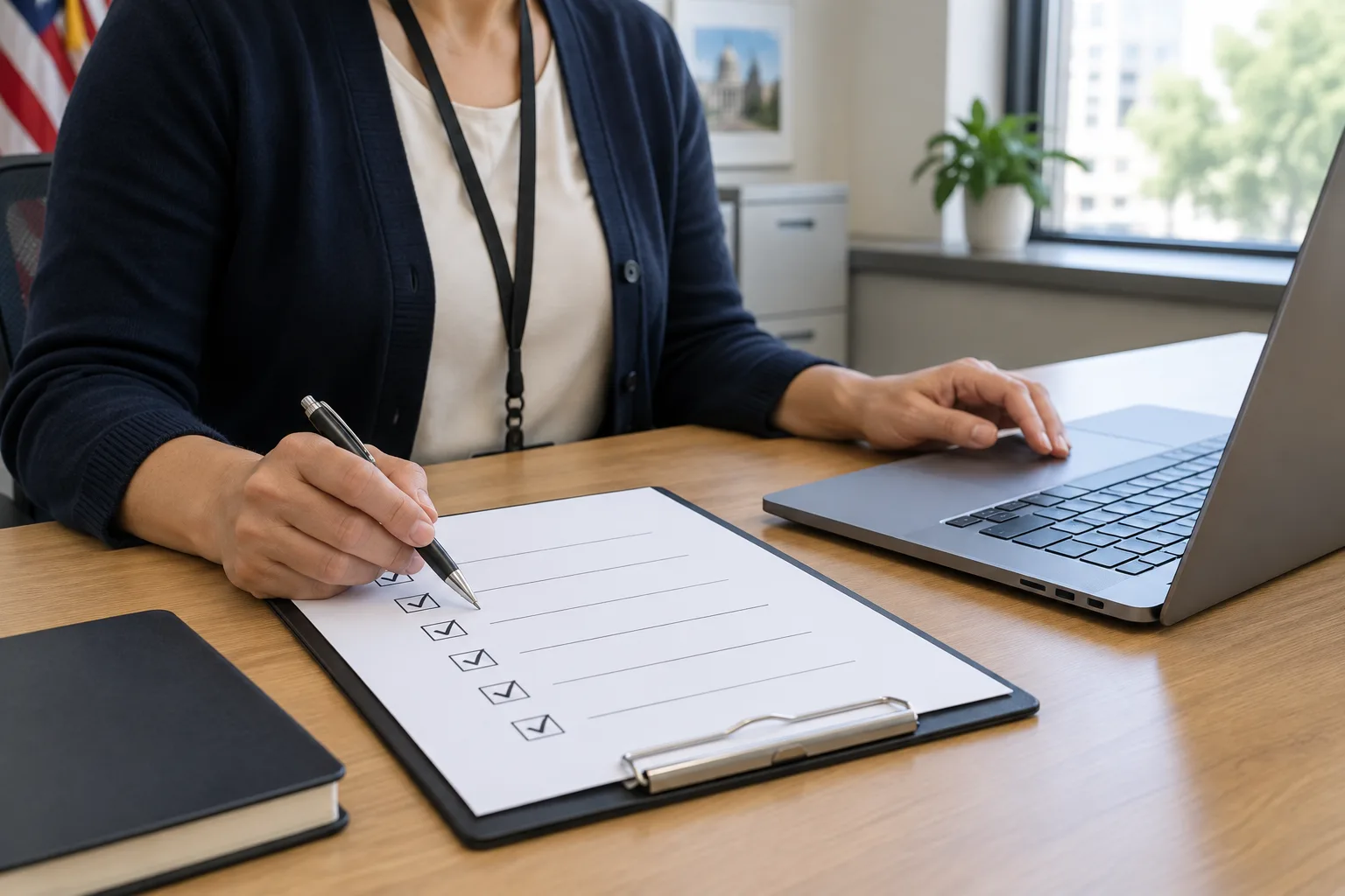 Les mains d’un agent consultent un ordinateur et une liste de contrôle pour traiter une demande de récupération.