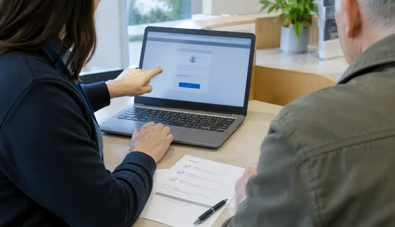 Un agent accompagne un usager dans la récupération de son compte depuis un poste de travail.