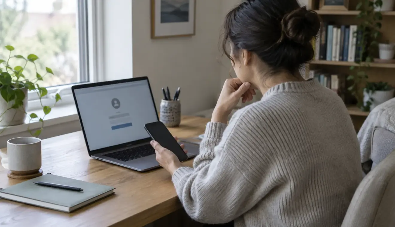Une personne consulte un ordinateur et un téléphone pour retrouver l’accès à un compte en ligne.