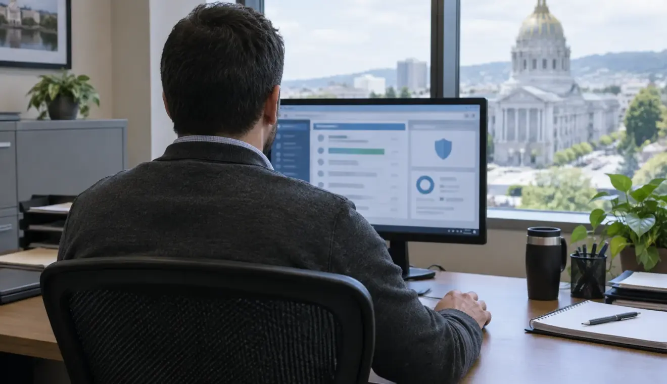 Un agent informatique examine la configuration de la messagerie dans un bureau de collectivité.