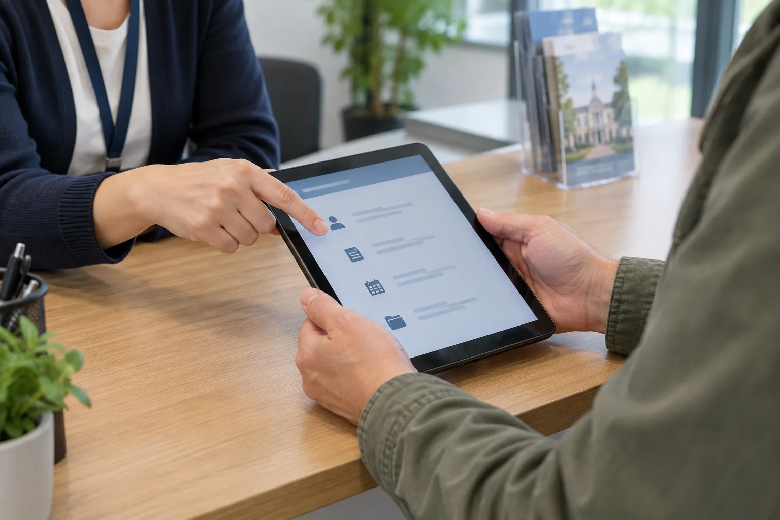 Un usager garde la tablette en main tandis qu’un agent lui indique une étape de la démarche.