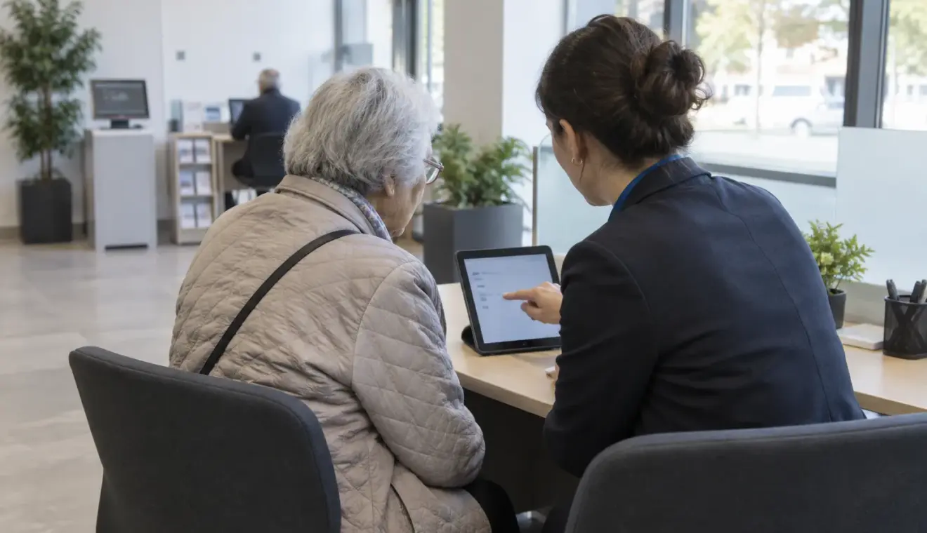 Un usager et un agent consultent ensemble une tablette dans un espace d’accueil public.
