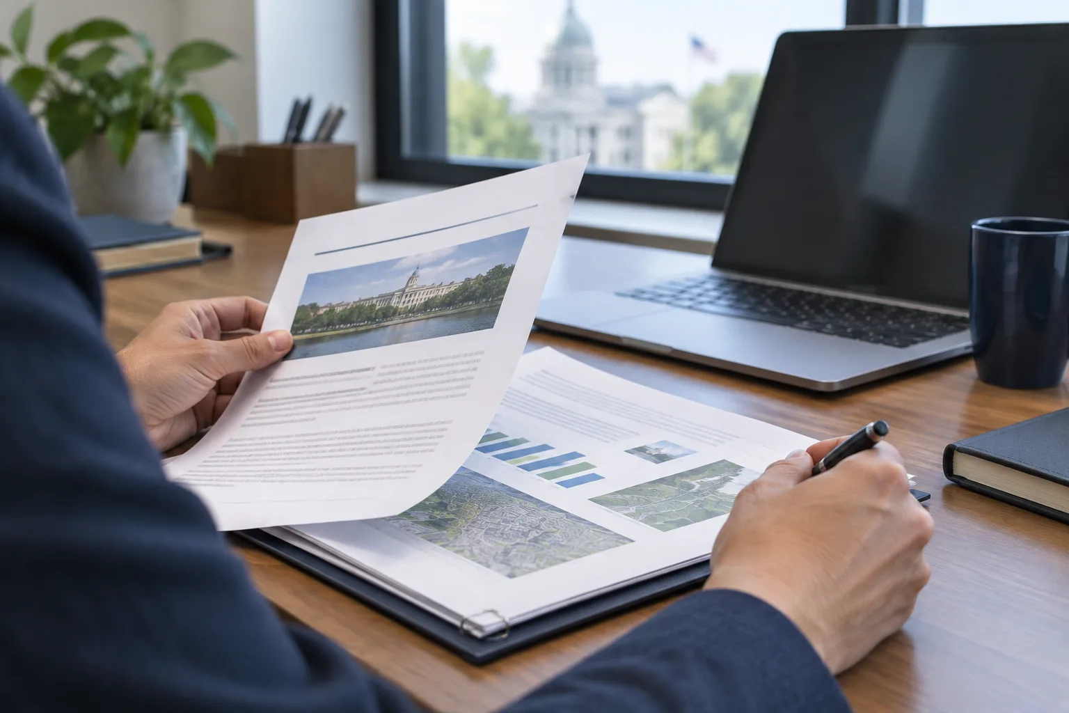 Des mains vérifient des documents et leurs annexes avant leur publication.