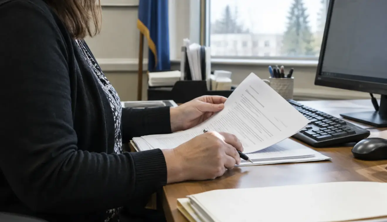 Des documents de séance sont examinés sur un bureau avant leur publication en ligne.