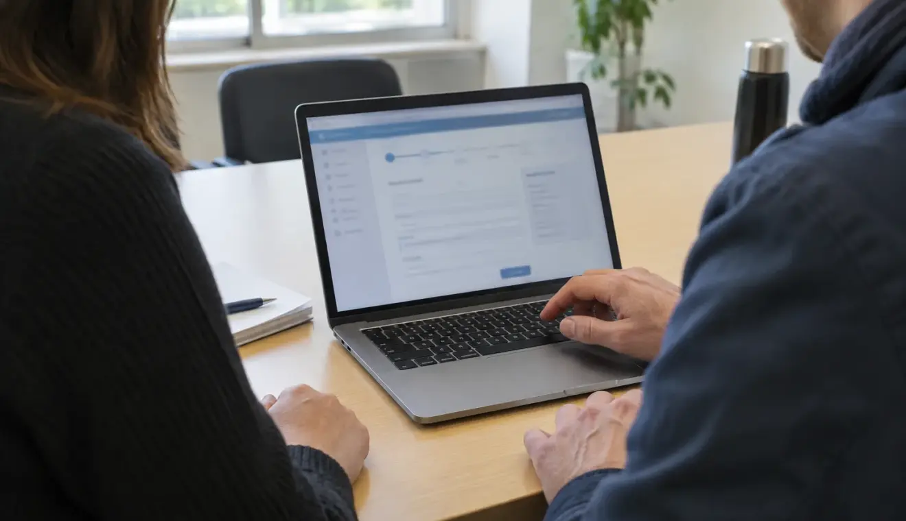 Deux personnes consultent ensemble un ordinateur dans un espace d’accueil administratif.