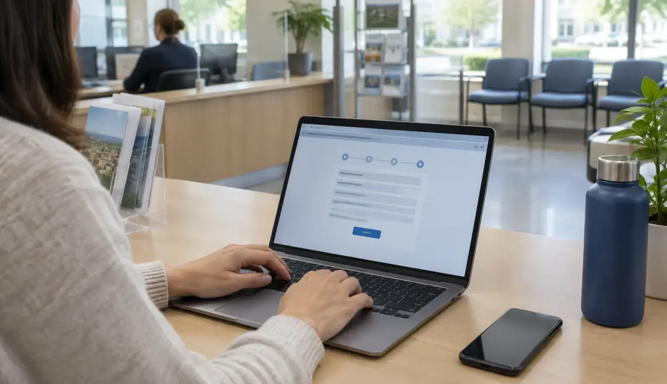 Un usager consulte une démarche en ligne sur un ordinateur dans un espace de service public.