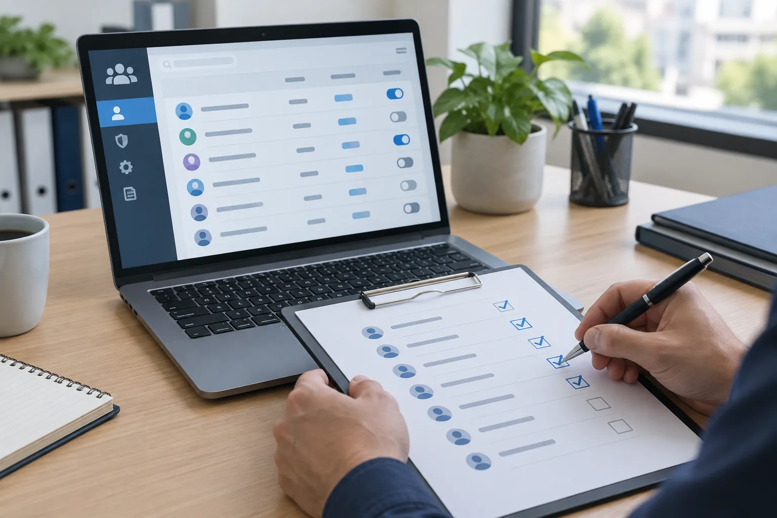 Des mains consultent une liste de vérification des accès à côté d’un ordinateur portable.