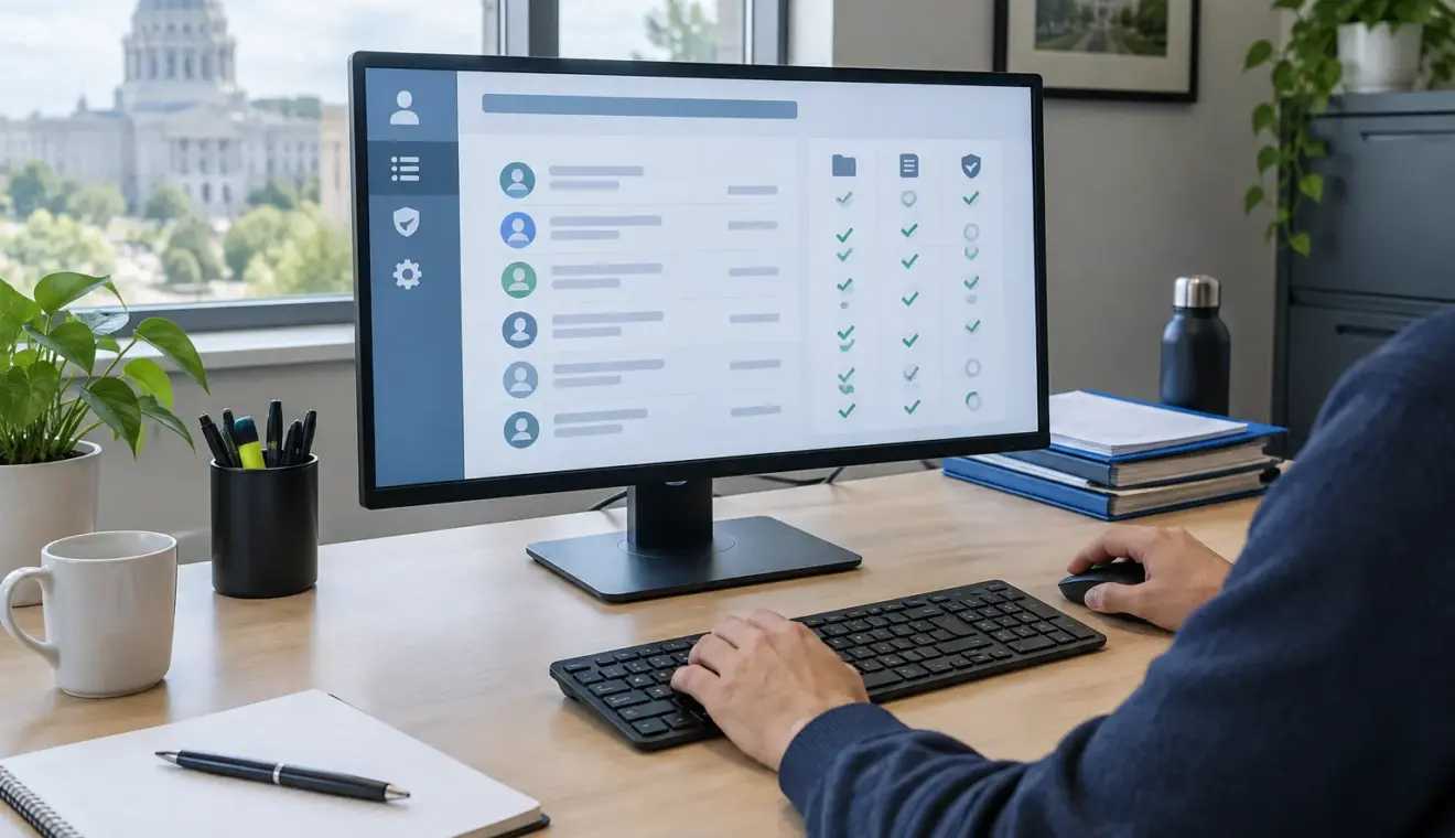 Un poste de travail dans un service informatique avec un écran affichant une interface de gestion des accès.