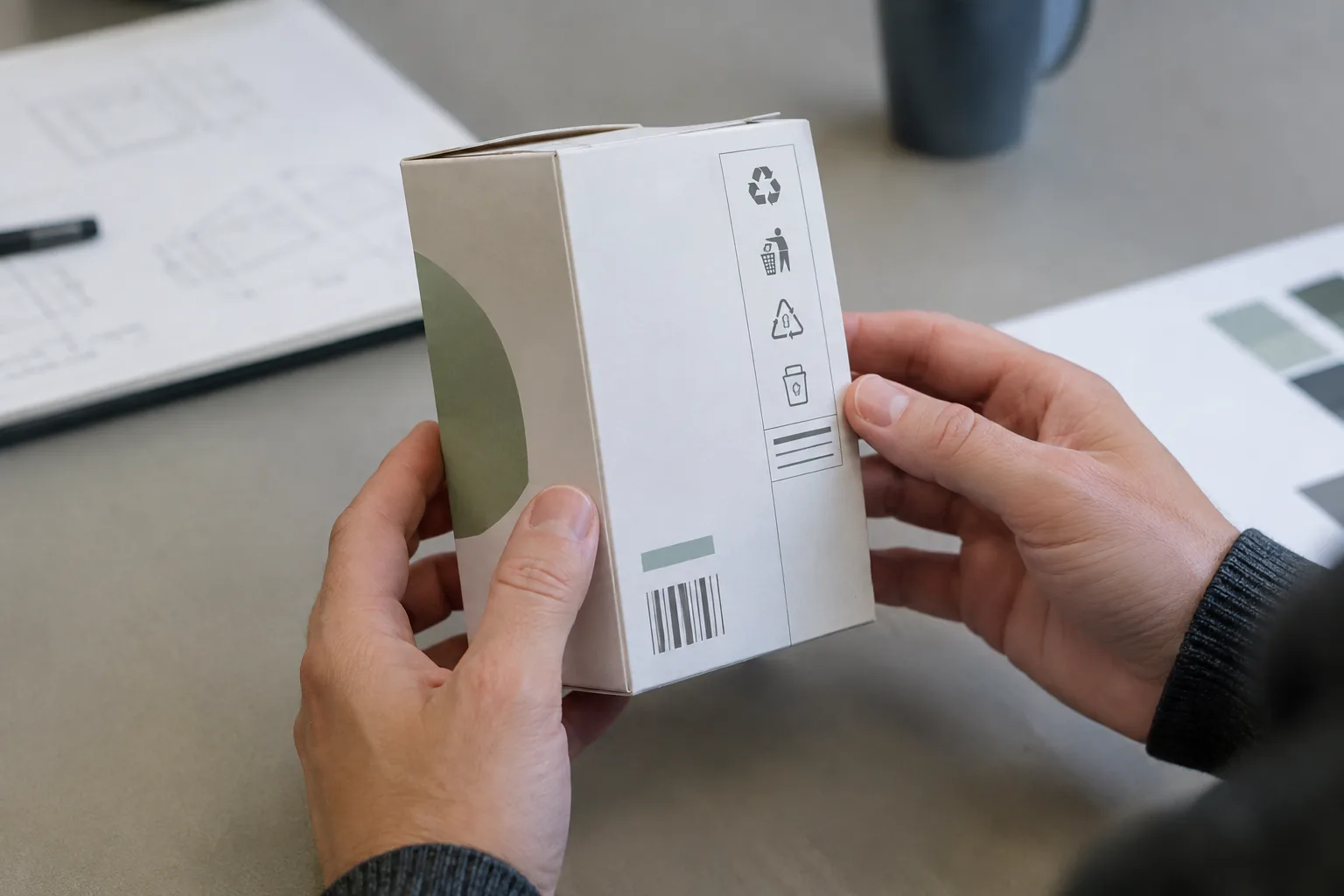 Des mains tiennent un emballage prototype pour vérifier la visibilité de ses consignes.