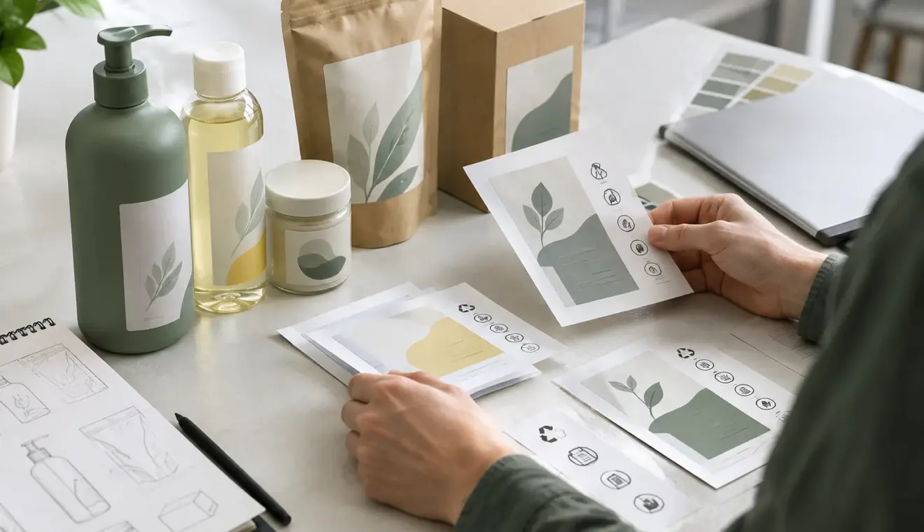 Des emballages prototypes sont examinés sur une table de travail.