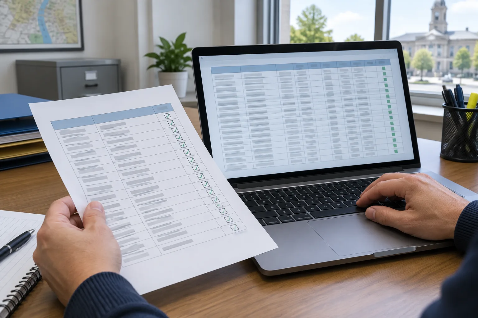 Une personne compare un export affiché sur ordinateur avec une liste de vérification papier.