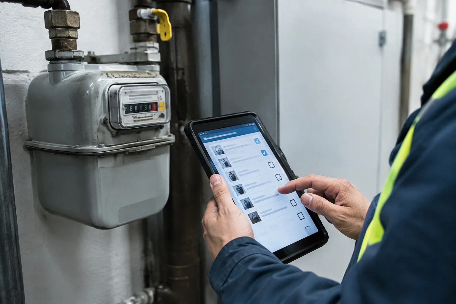 Un technicien vérifie un compteur et consulte l’inventaire d’un bâtiment public sur une tablette.