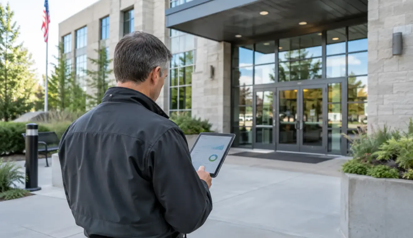 Un agent consulte des données énergétiques devant un bâtiment public.
