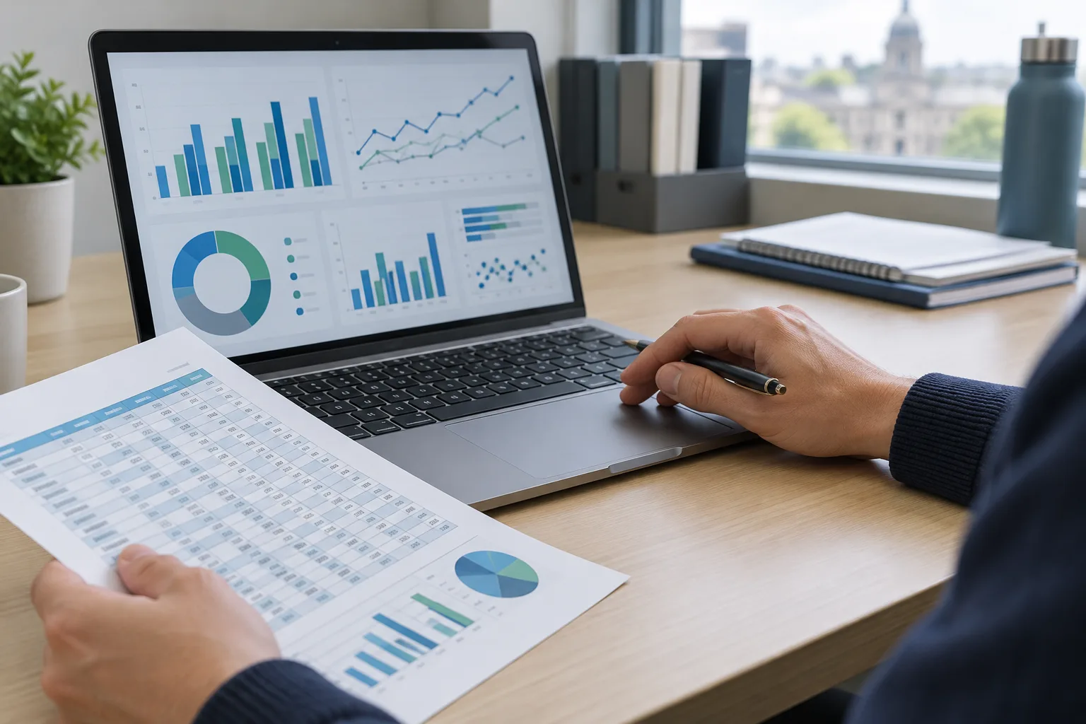 Une personne compare des tableaux statistiques imprimés et des graphiques affichés sur un ordinateur.