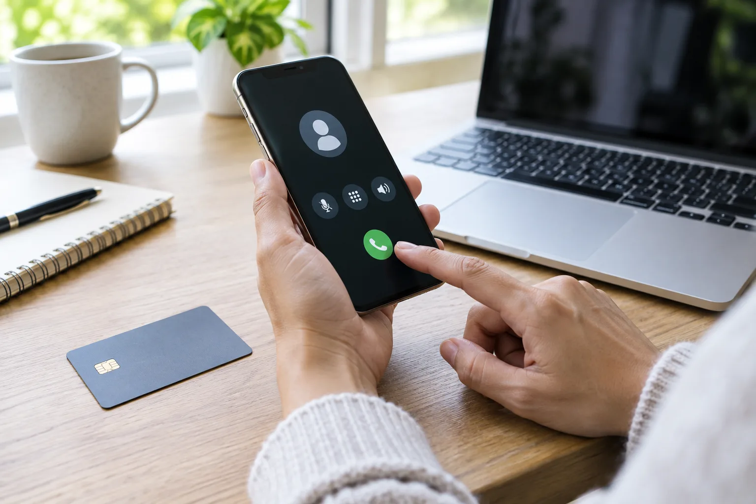 Une personne rappelle sa banque depuis son téléphone, avec une carte bancaire posée à proximité.