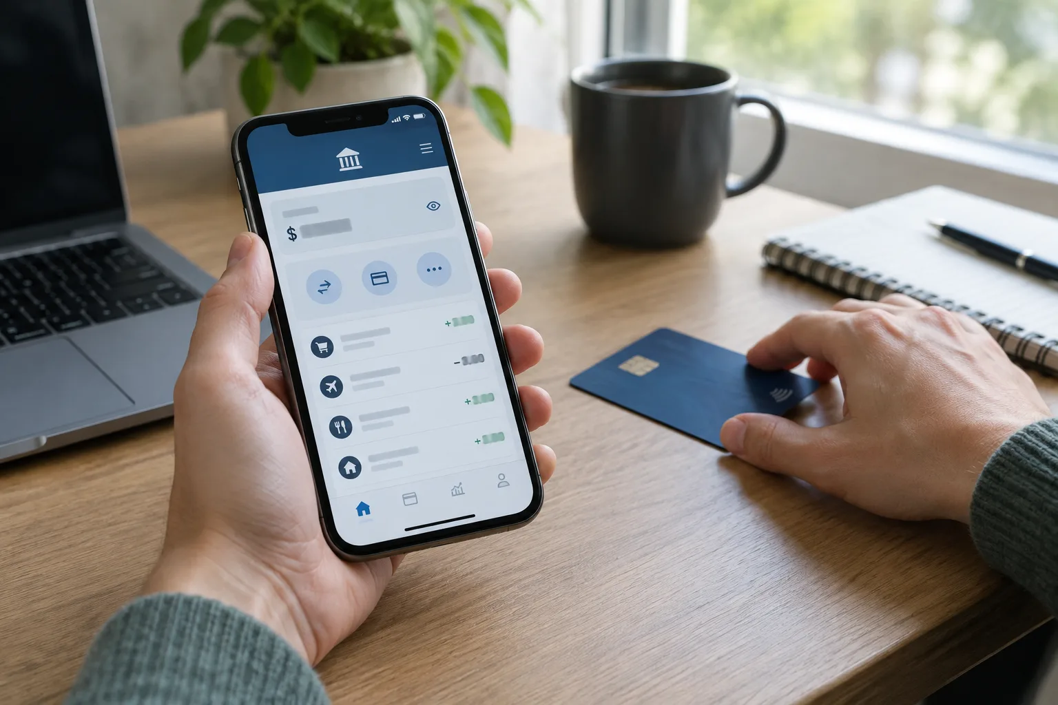 Une main consulte une application bancaire sur un téléphone posé près d’une carte.