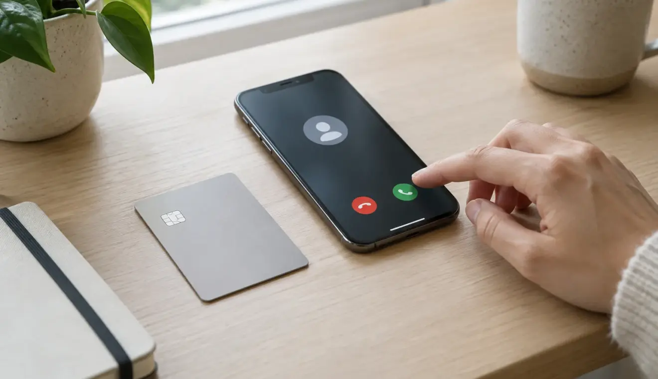 Un téléphone posé à côté d’une carte bancaire sur un bureau.