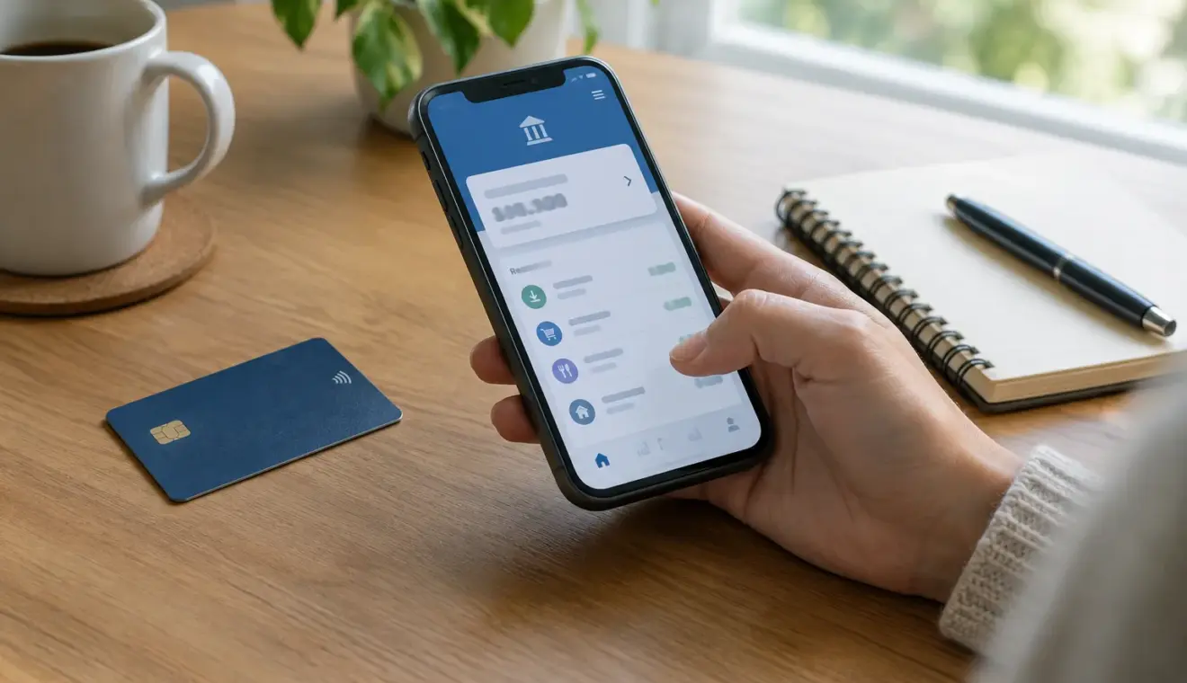 Une personne vérifie une demande bancaire sur son téléphone, à côté de sa carte.