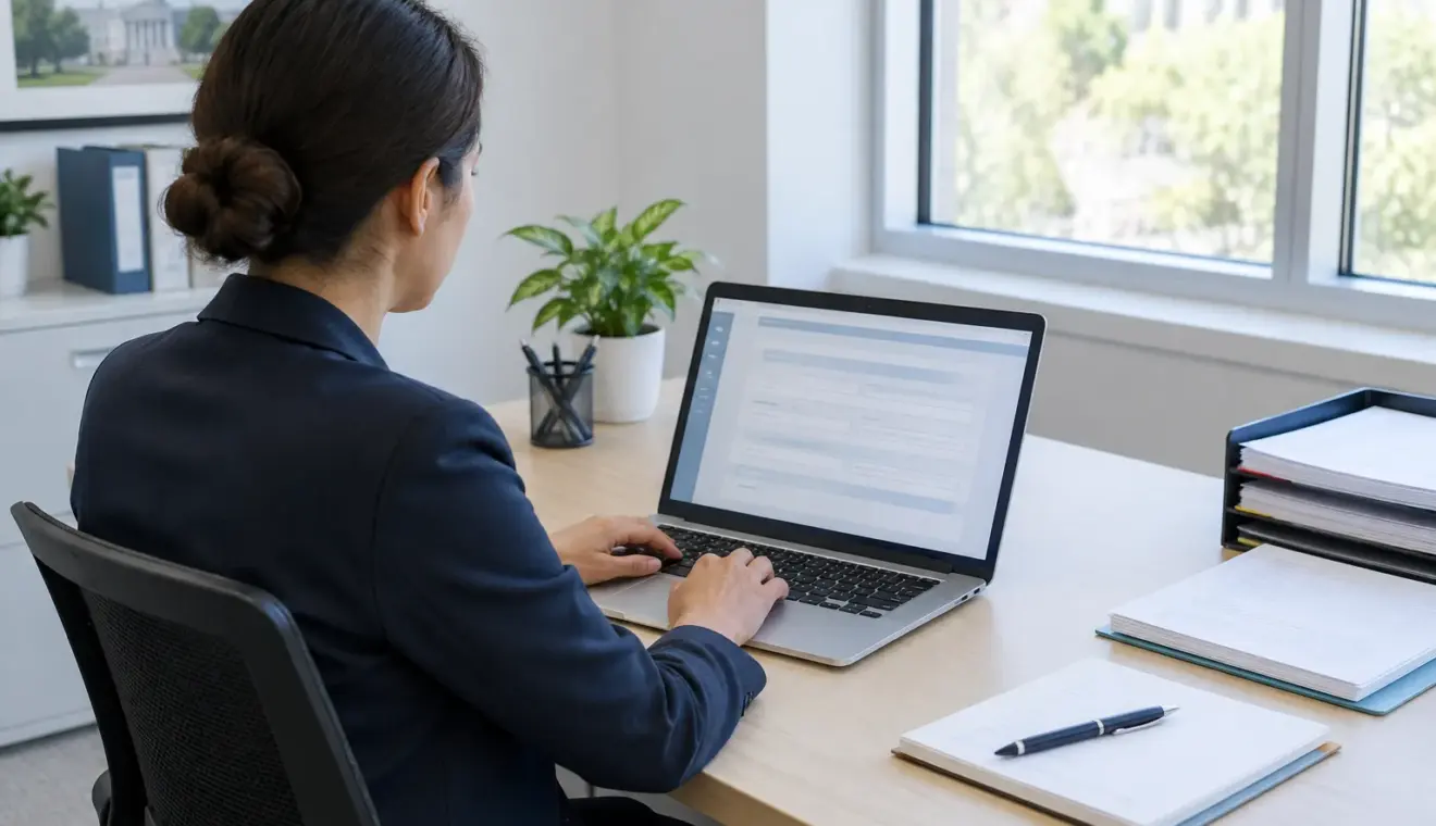Un agent examine sur un ordinateur un formulaire numérique et des documents administratifs.