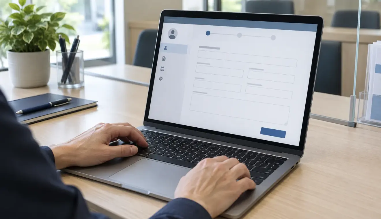 Mains d’un agent examinant un formulaire en ligne sur un ordinateur dans un espace de service public.