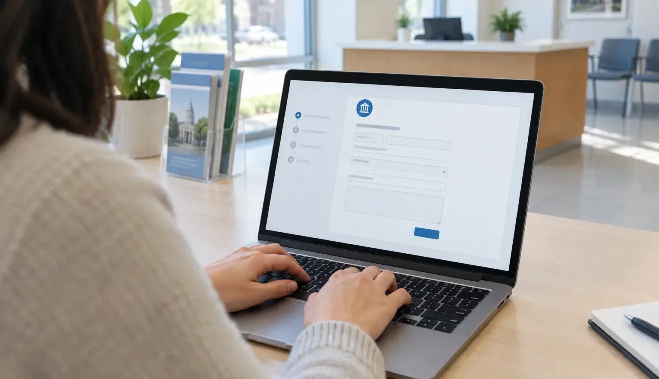 Une personne consulte un formulaire en ligne sur un ordinateur dans un espace de travail lumineux.