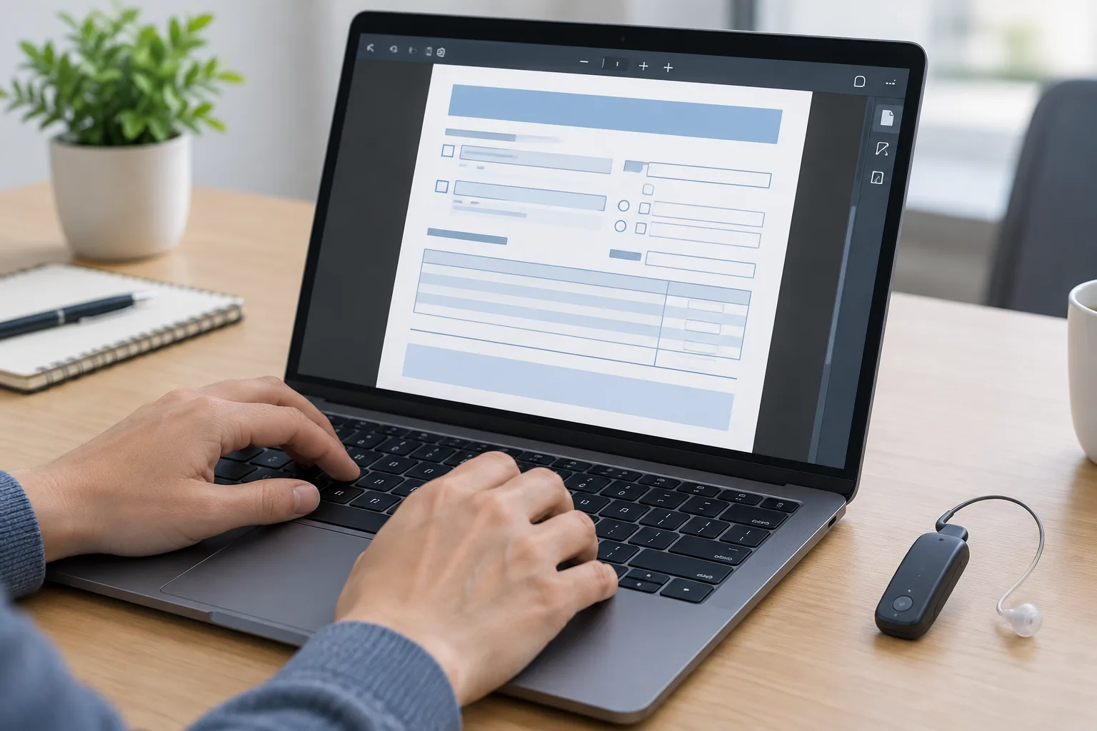 Des mains utilisent un clavier devant un formulaire numérique affiché sur un ordinateur.
