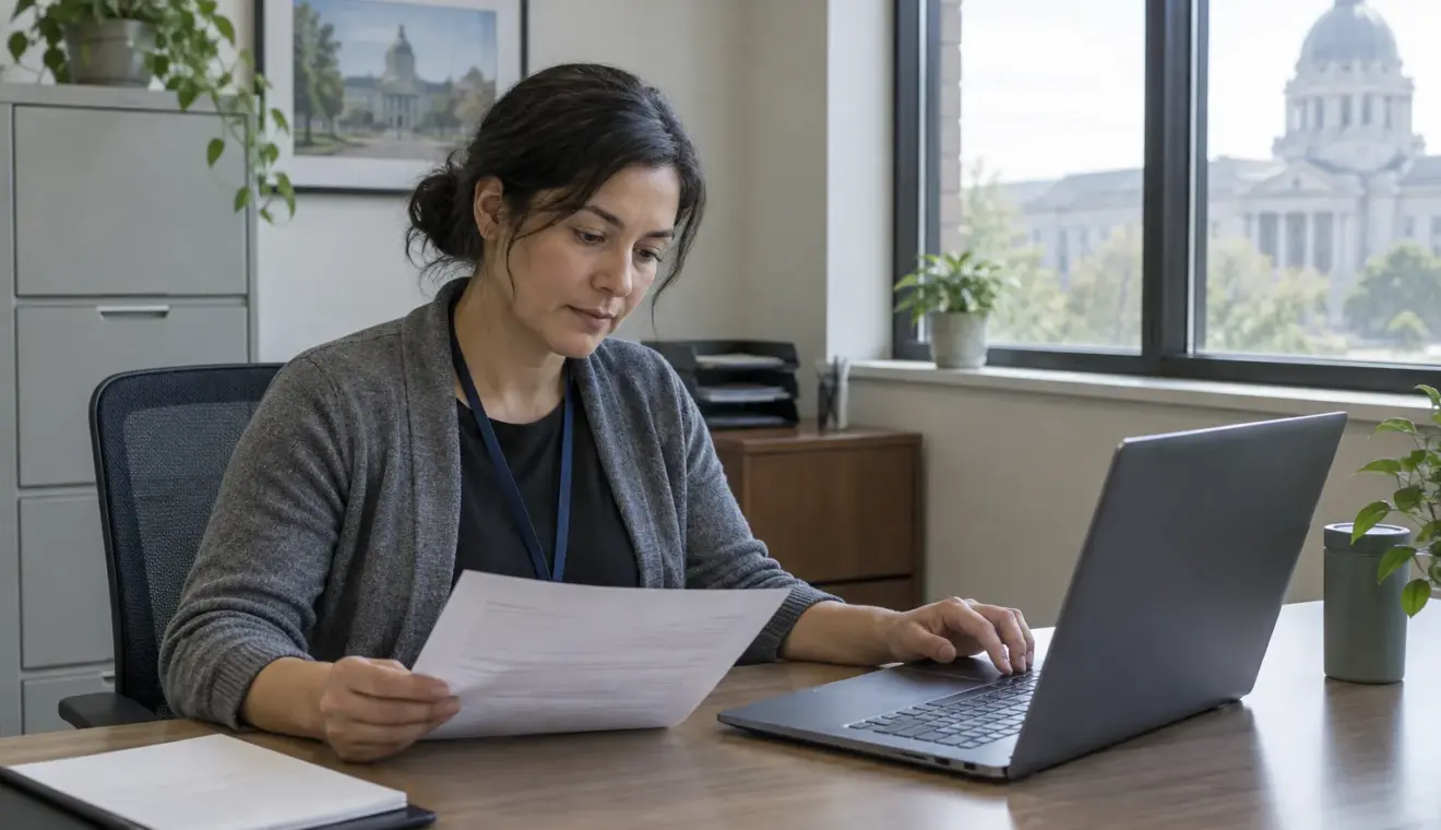 Un ordinateur et un formulaire papier sur le bureau d’un service administratif.