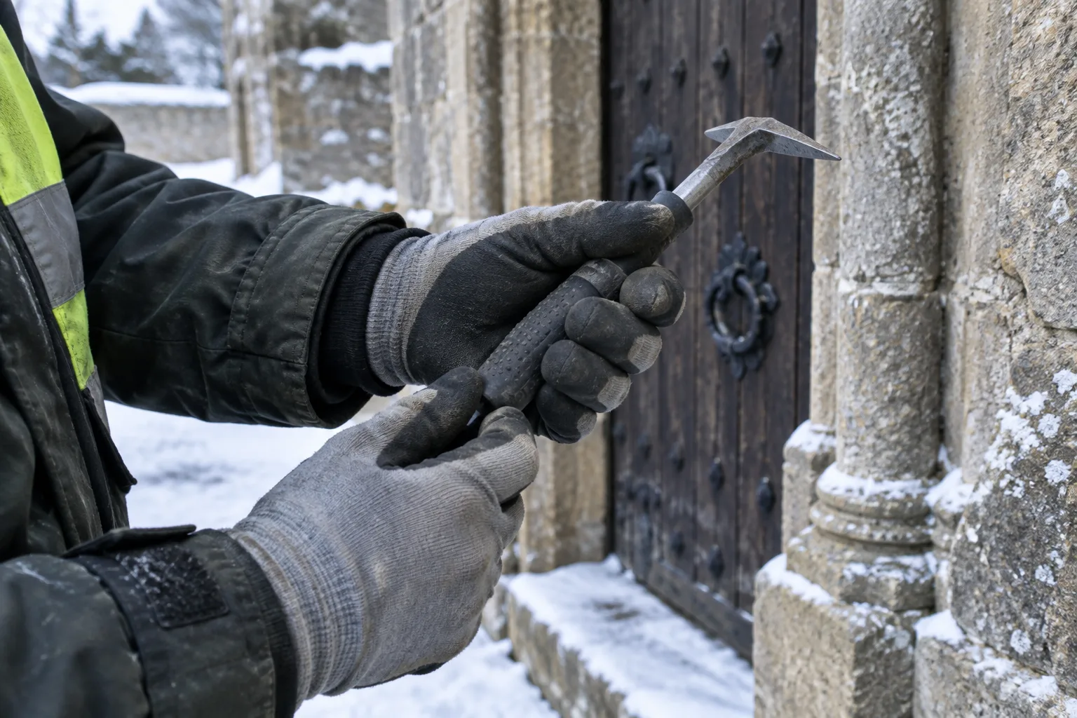 Des mains gantées vérifient la prise d’un outil près d’une porte ancienne.