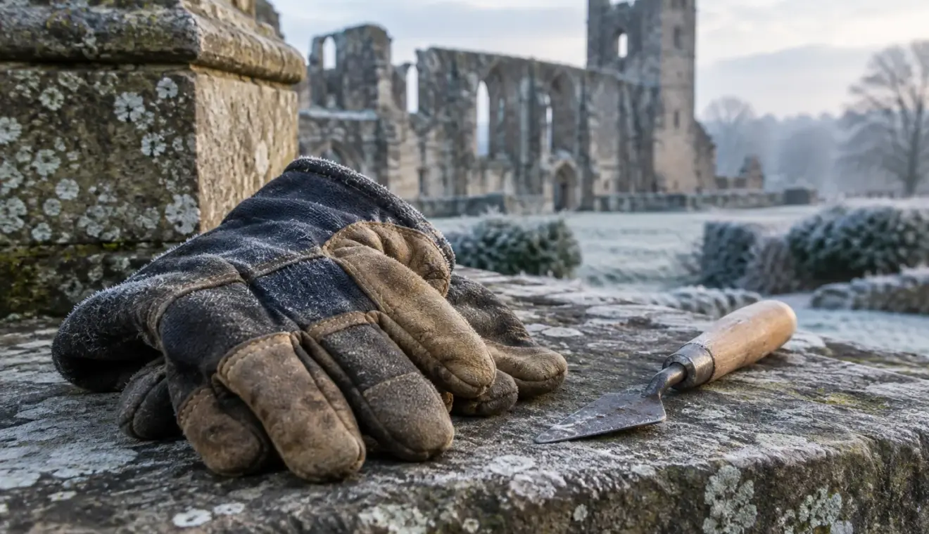 Des gants de travail posés sur un muret de pierre dans un site patrimonial en hiver.