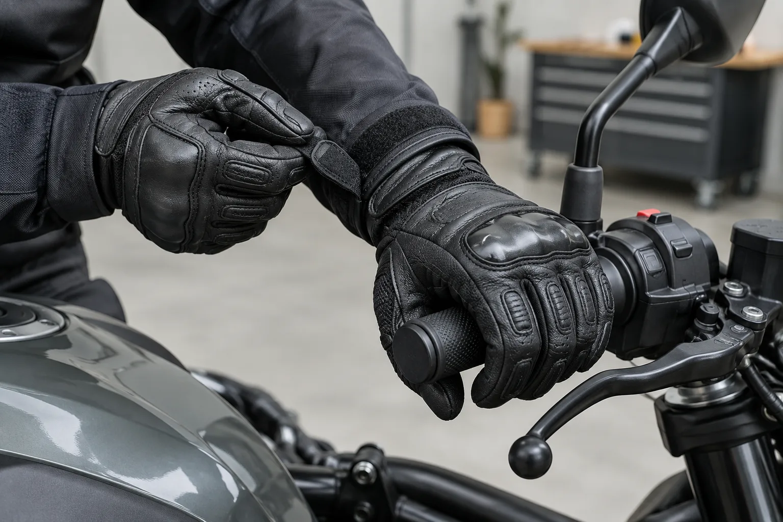 Des mains gantées vérifient la prise sur les poignées et les commandes d’une moto à l’arrêt.
