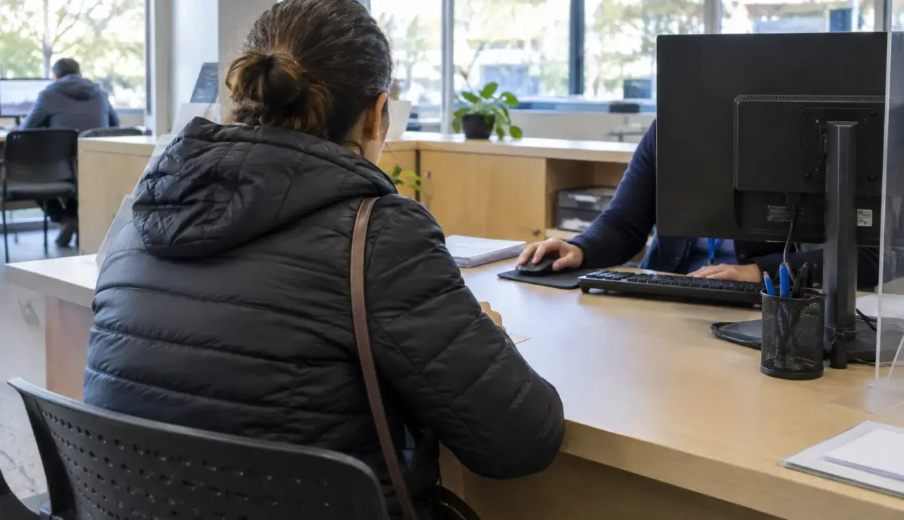 Un usager échange avec un agent dans un espace d’accueil municipal équipé d’un ordinateur.