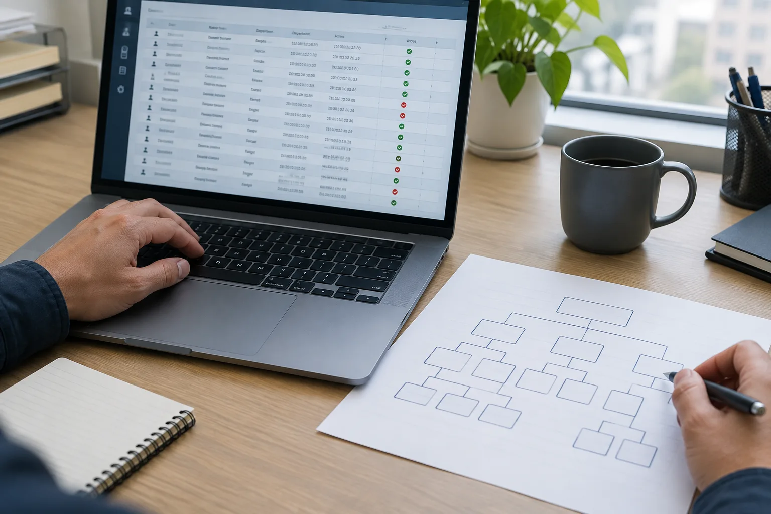 Un responsable informatique consulte des accès numériques à côté d’un schéma d’organisation sans texte lisible.