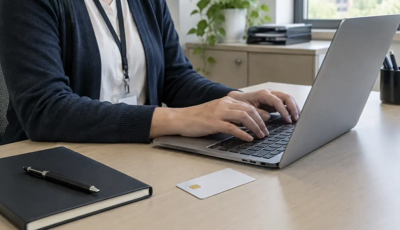 Les mains d’un agent territorial travaillent sur un ordinateur dans un bureau de collectivité.